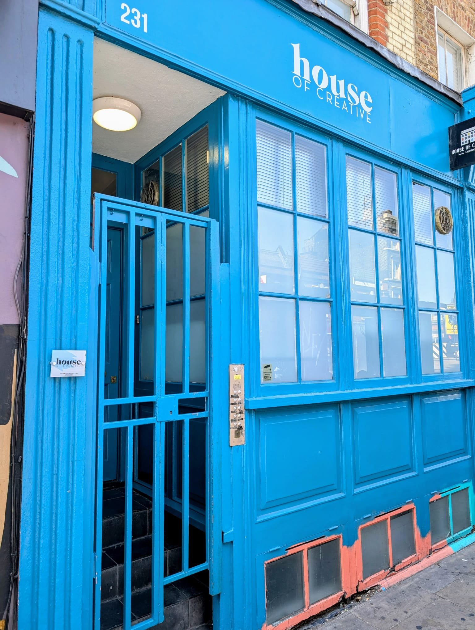 The front door of 231 Shoreditch High Street, where the therapy room is